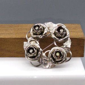 Silver Tone Wreath of Roses Brooch, Floral Circle with Crystal Center Flowers